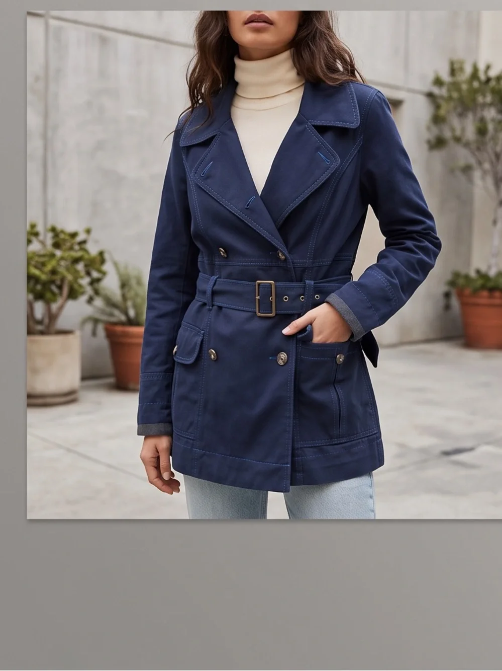 Free People Navy Double-Breasted Belted Trench